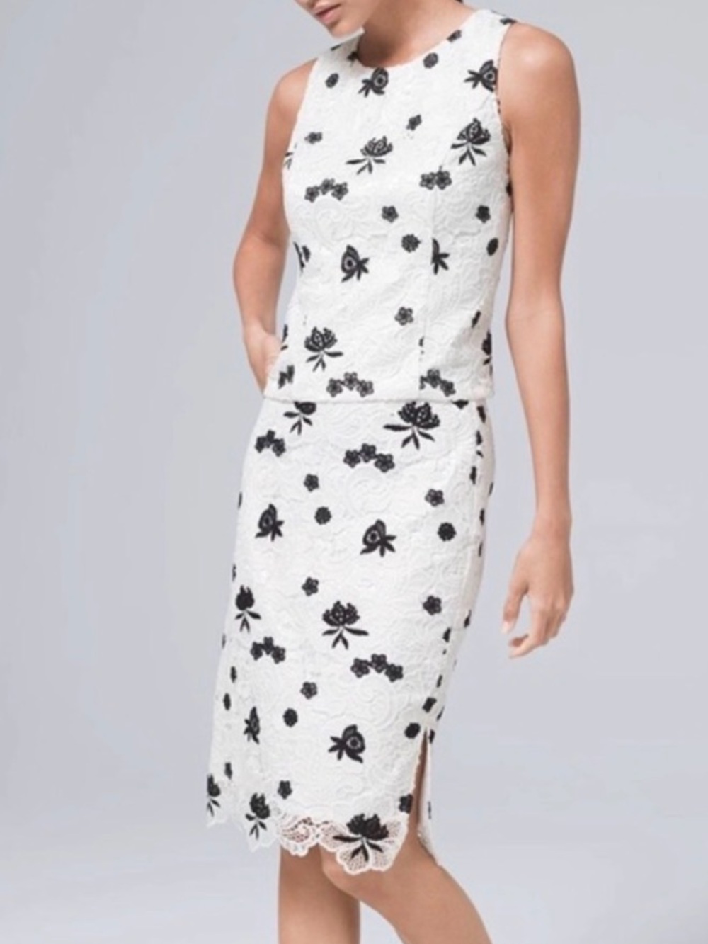 NWT WHBM White and black Lace Two-Piece Skirt Set with Floral Appliqué